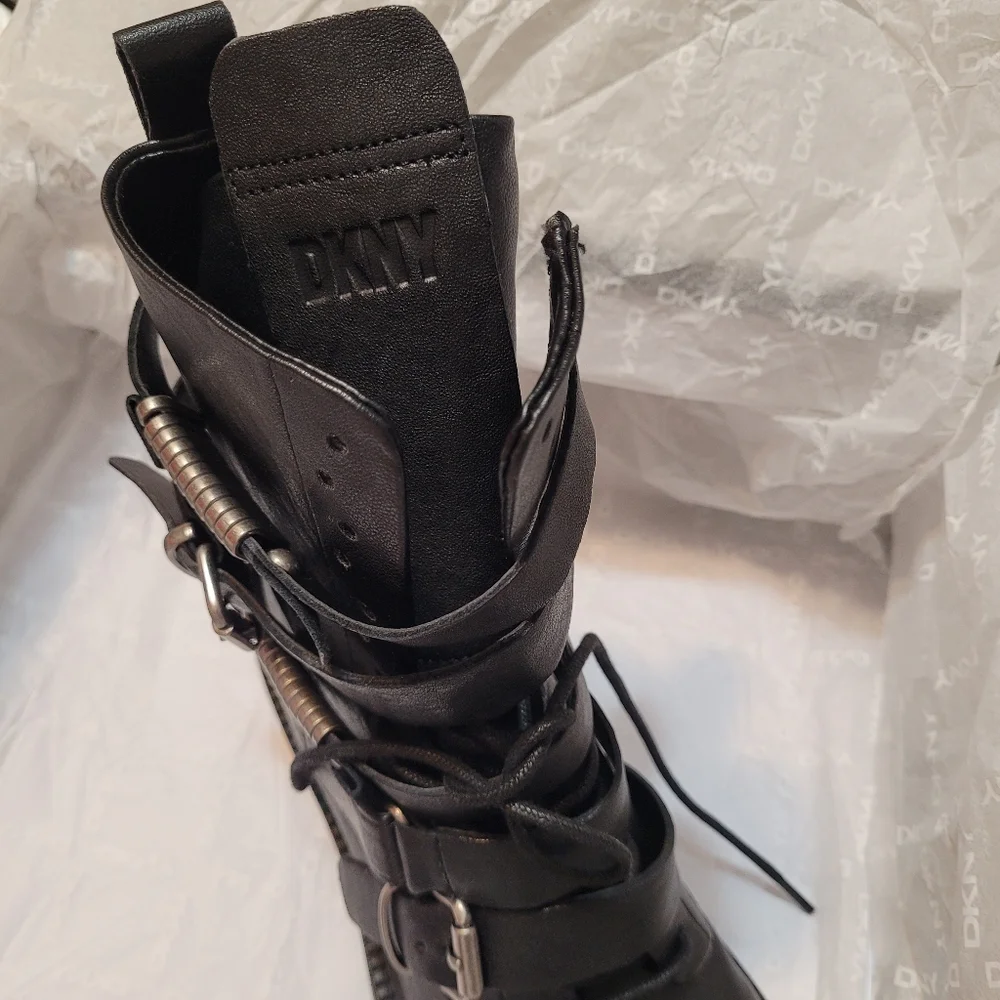 DKNY Black Buckled Combat Boots. Silver-Tone Metal Accents. 7. New. - Picture 12 of 13